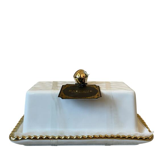 Baroque Covered Butter Dish 7in White Ceramic w/ Gold Beaded Trim Glam NEW - Picture 12 of 15